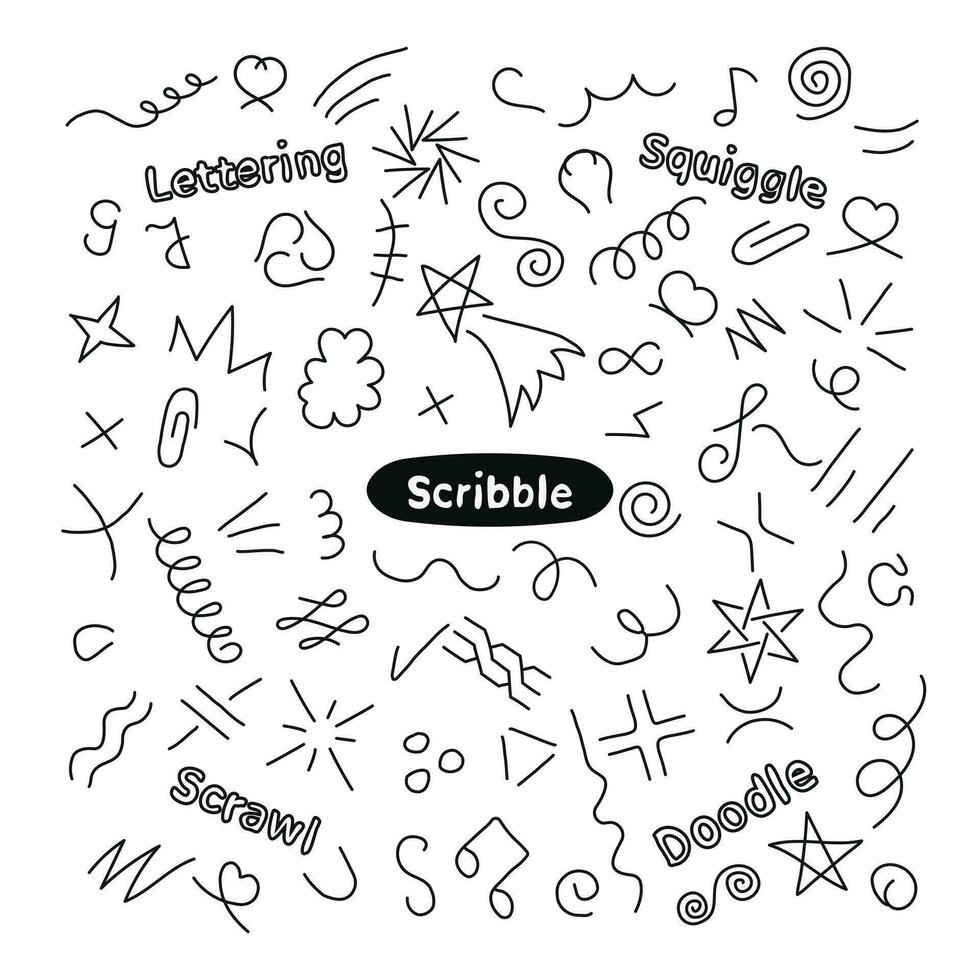 groot squiggle clip art set. schetsen beeld van lineair doodles voor vulling leegtes, hand- getrokken patronen vector