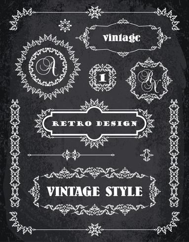 Set van retro vintage badges, kaders, etiketten en randen. Chalk Board achtergrond vector