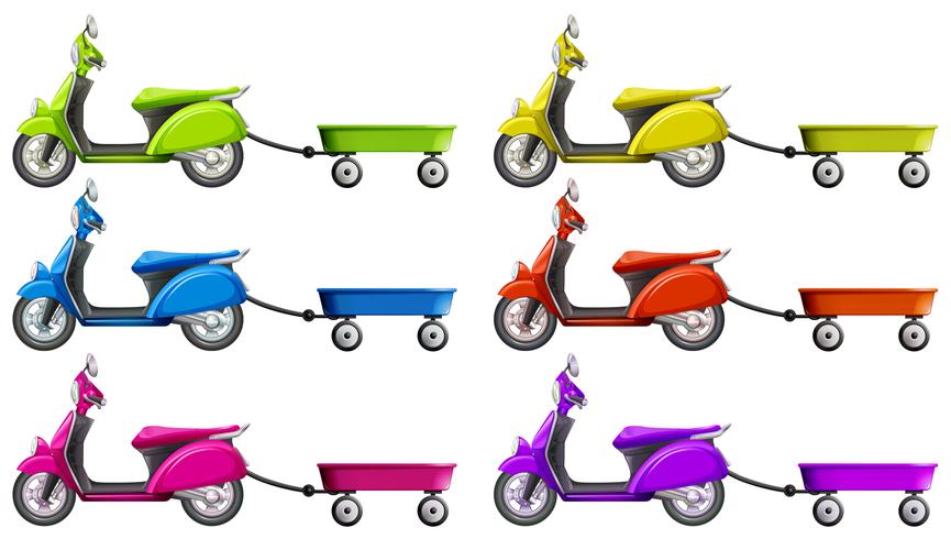 Scooters en wagen in verschillende kleuren vector