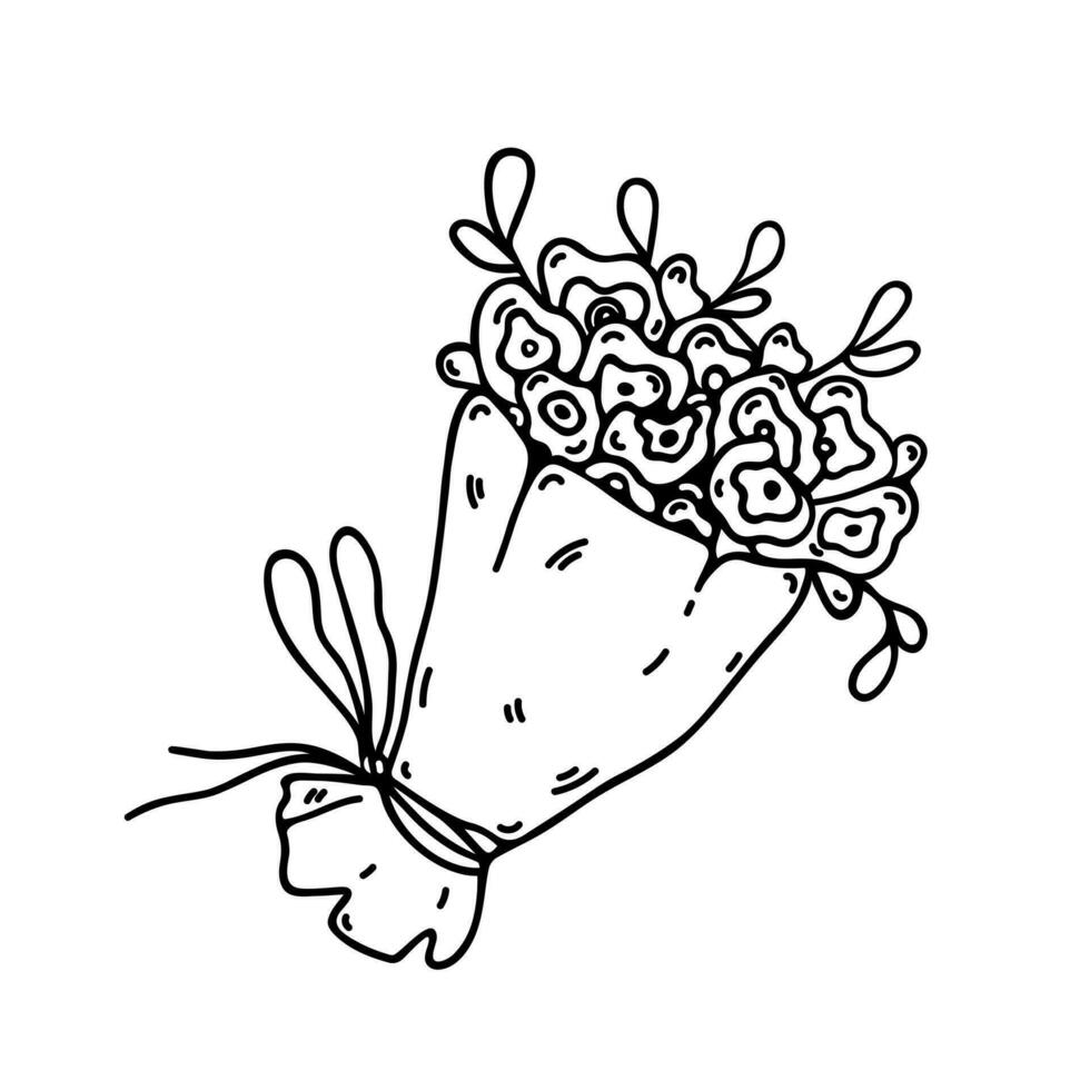 boeket van rozen vector icoon. hand- getrokken tekening geïsoleerd Aan wit. een bundel van mooi planten met bloemen, knoppen, bladeren in omhulsel papier. geschenk voor bruiloft, datum. zwart schets, clip art voor afdrukken