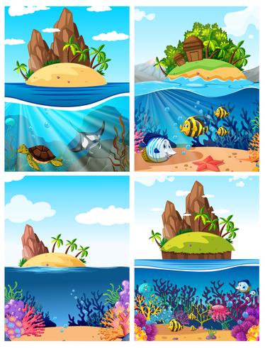 Een reeks eiland- en onderwaterscènes vector