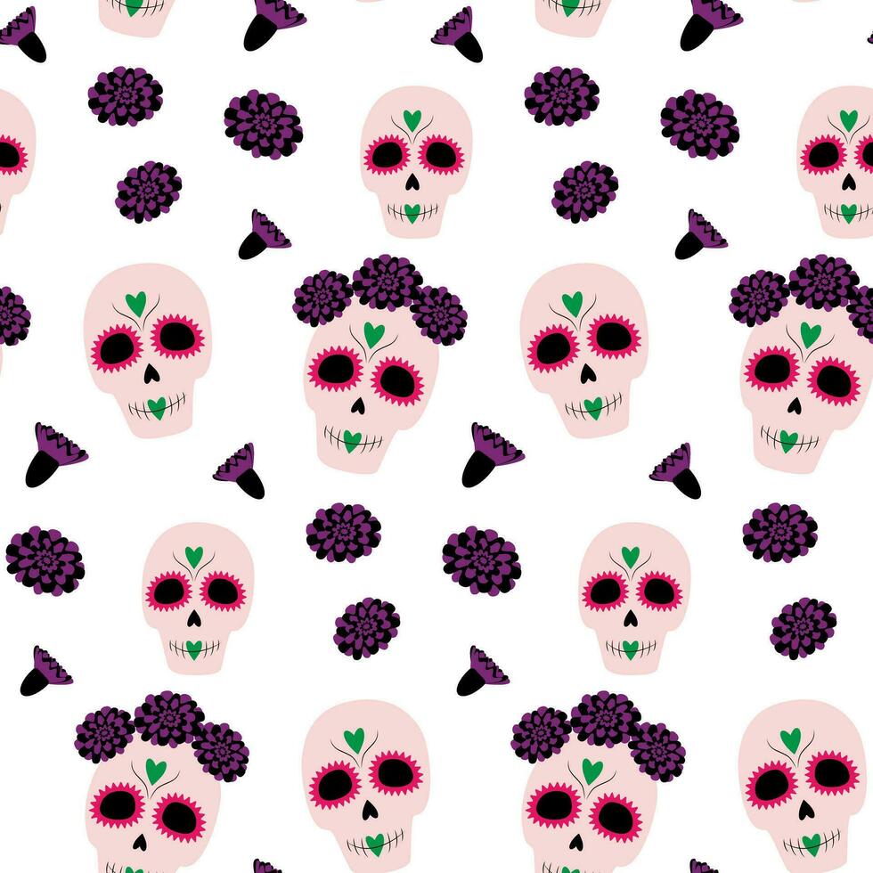 naadloos patroon naar dag van de dood van suiker schedel en bloemen. dia de los muertos. Mexico. isoleren vector