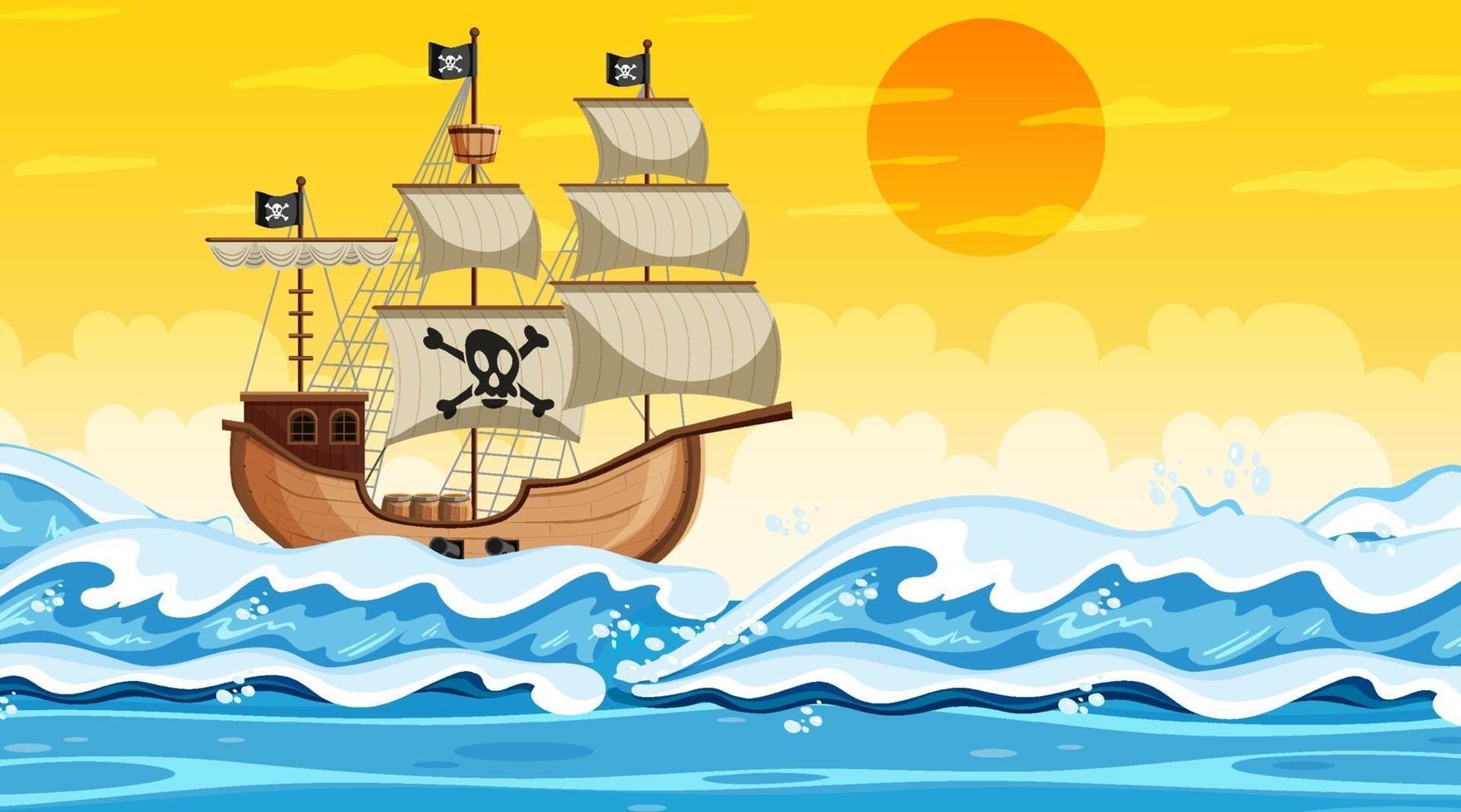 oceaanscène in zonsondergangtijd met piratenschip in beeldverhaalstijl vector