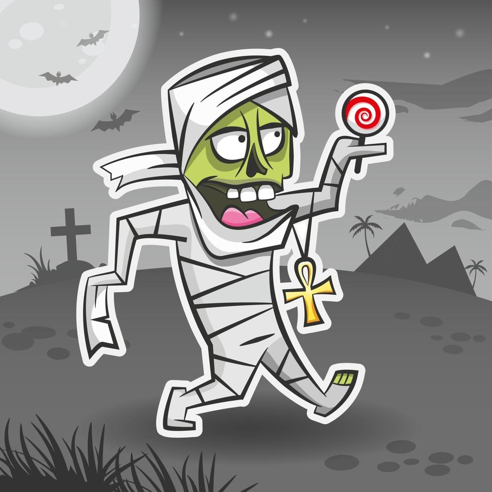 mummie stripfiguur. Halloween-sticker. Halloween-monster. vector