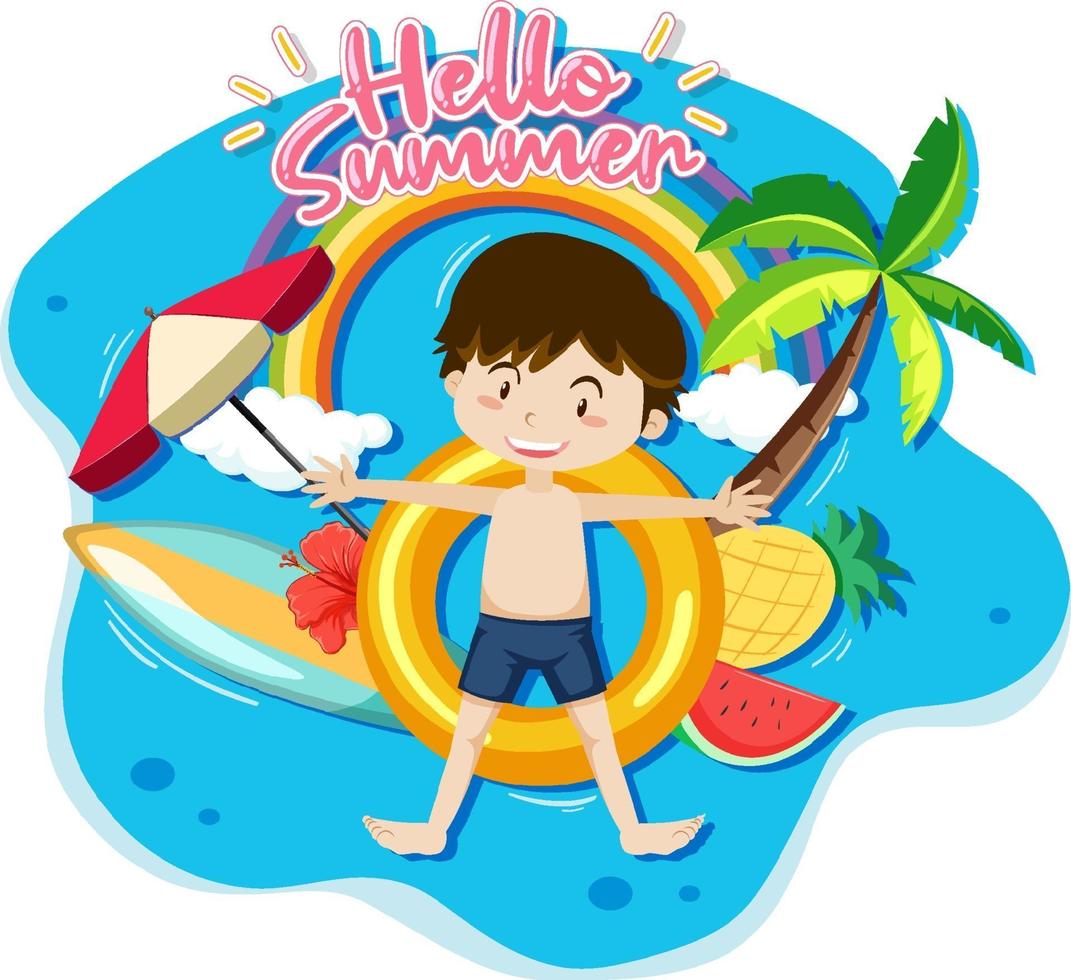 hallo zomerbanner met een jongen die op een geïsoleerde zwemring legt vector