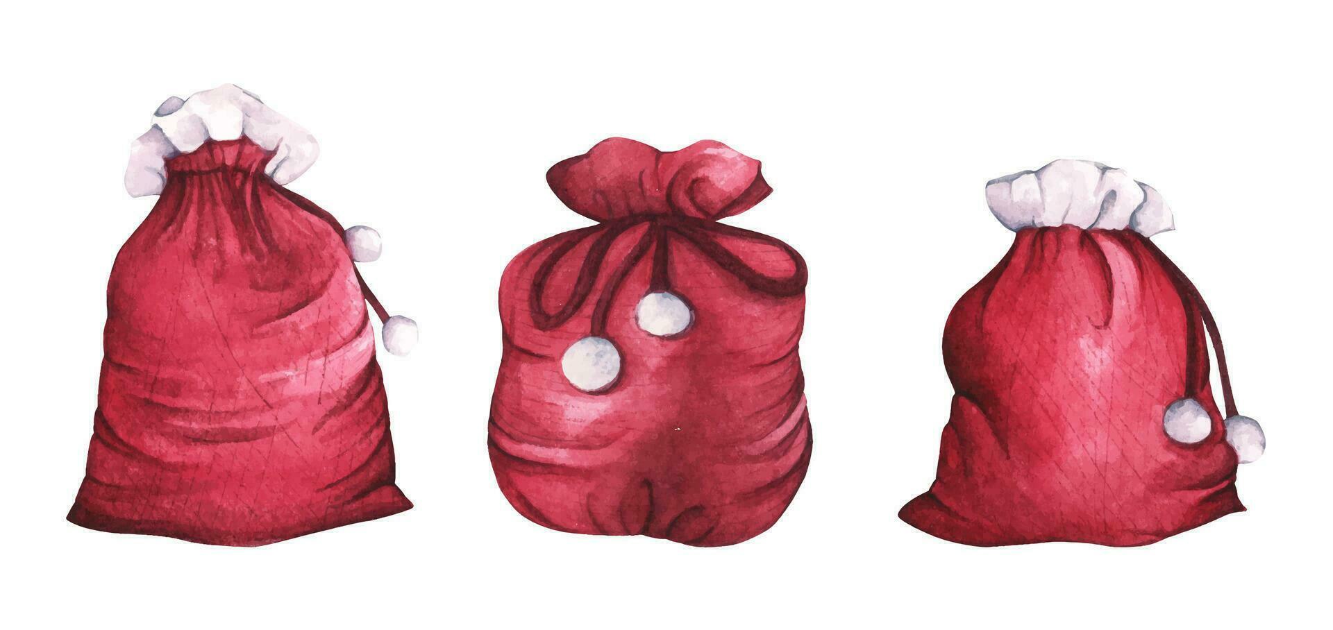 reeks vol geschenk de kerstman claus rood tas. Kerstmis decoratief element. waterverf illustratie. vector