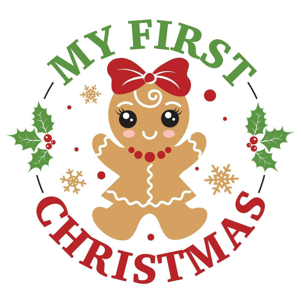 mijn eerste Kerstmis vector illustratie met schattig meisje gember Heren. kinderen Kerstmis ontwerp geïsoleerd mooi zo voor Kerstmis groeten kaarten, poster, afdrukken, sticker, uitnodigingen, baby t-shirt, mok, geschenken.