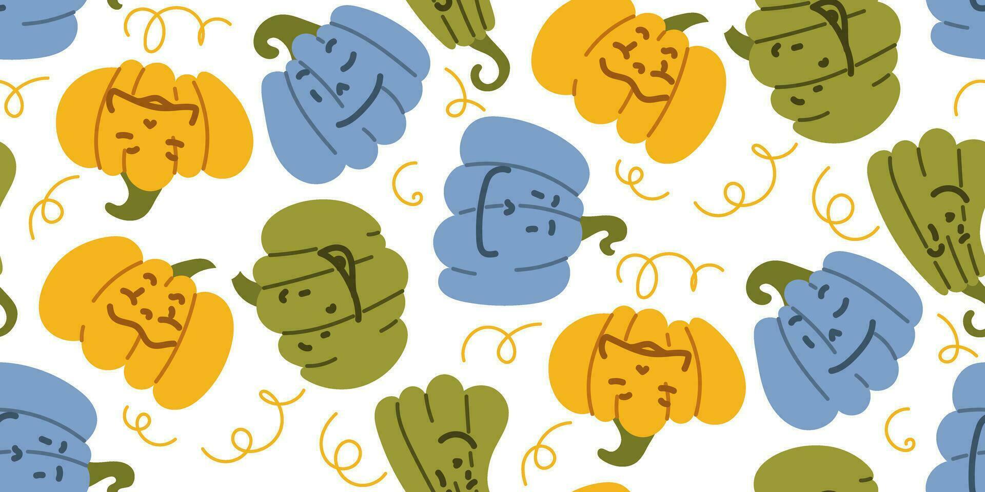 naadloos patroon van gekleurde pompoenen voor halloween met emoties in confetti. halloween of dankzegging partij pompoen decoraties vector achtergrond illustratie. eindeloos ontwerp van vlak pompoenen