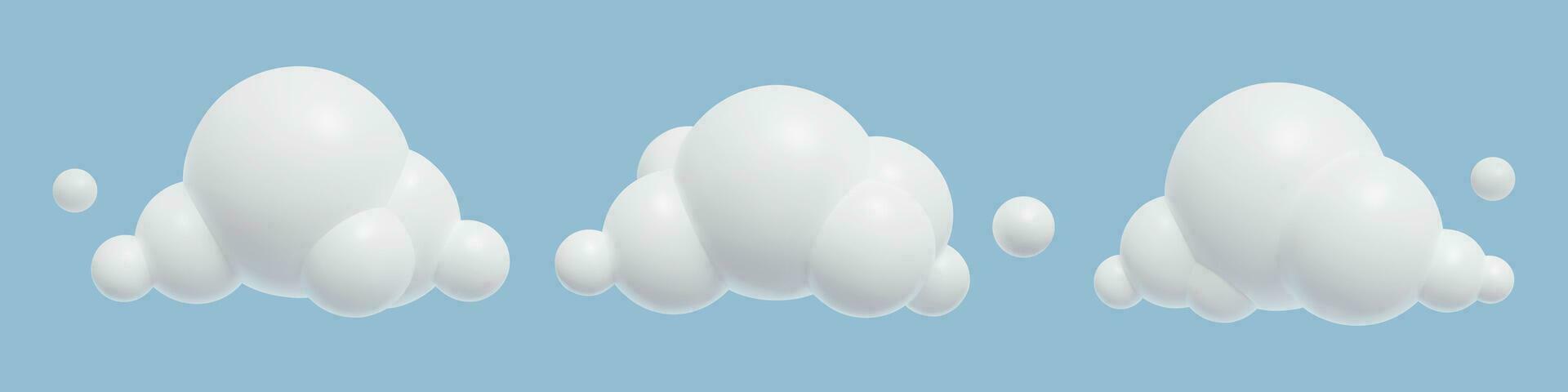 3d wolken verzameling. glanzend realistisch plastic schattig speelgoed- ontwerp elementen. drie dimensionaal vector illustratie.