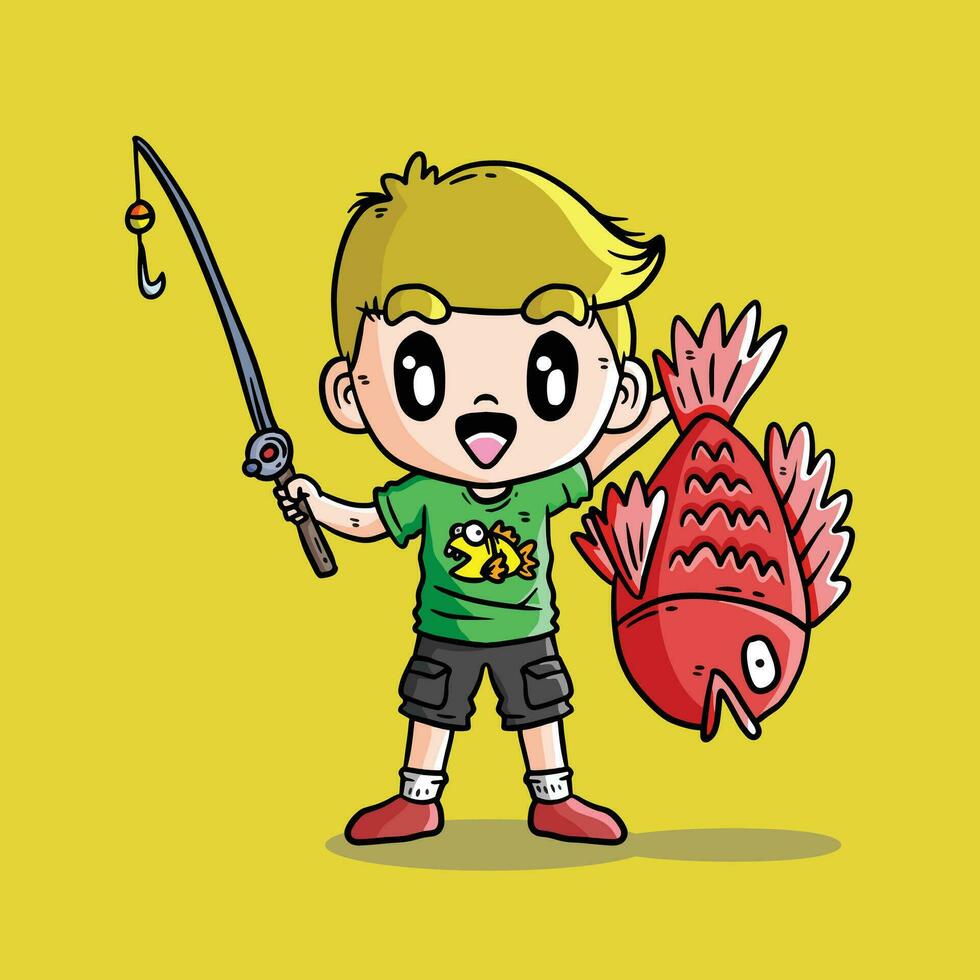 schattig vector illustratie van een jongen vissen. schattig vector illustratie van een visser. visvangst vector illustratie