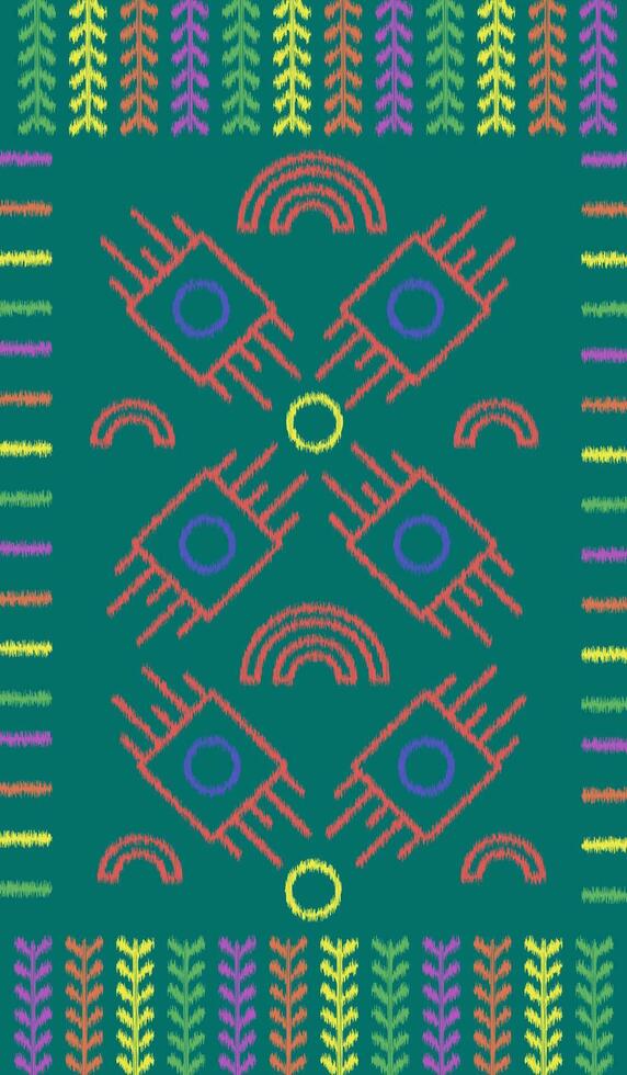 ikat kleurrijk borduurwerk Aan groen achtergrond. meetkundig modern oosters patroon scandinavisch. aztec stijl abstract vector illustratie. ontwerp voor textuur, stof ikkat stijl