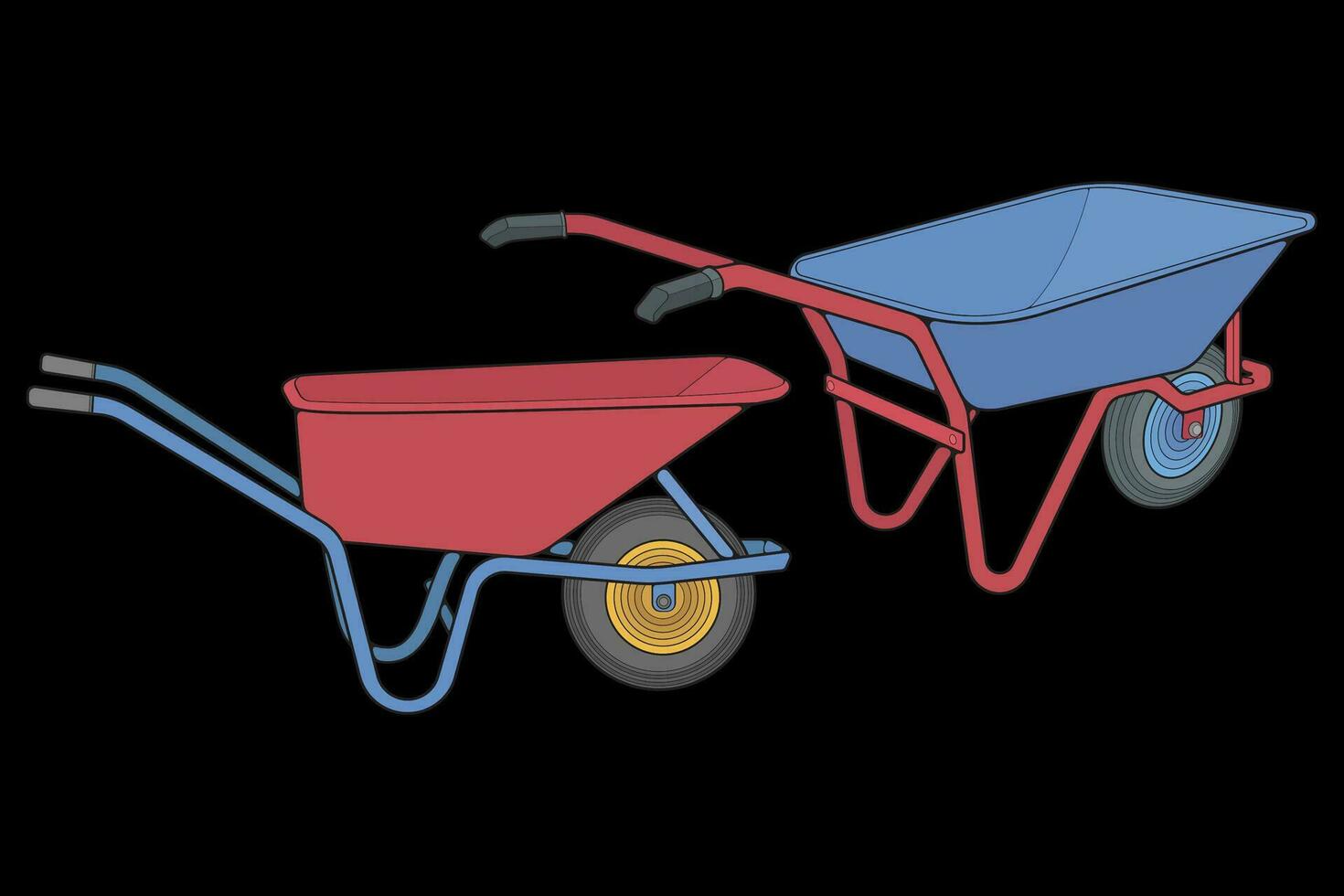 reeks van single wiel kruiwagen vector volle kleur .trolley volle kleur vector illustratie geïsoleerd Aan zwart achtergrond. wiel kruiwagen schets illustratie.