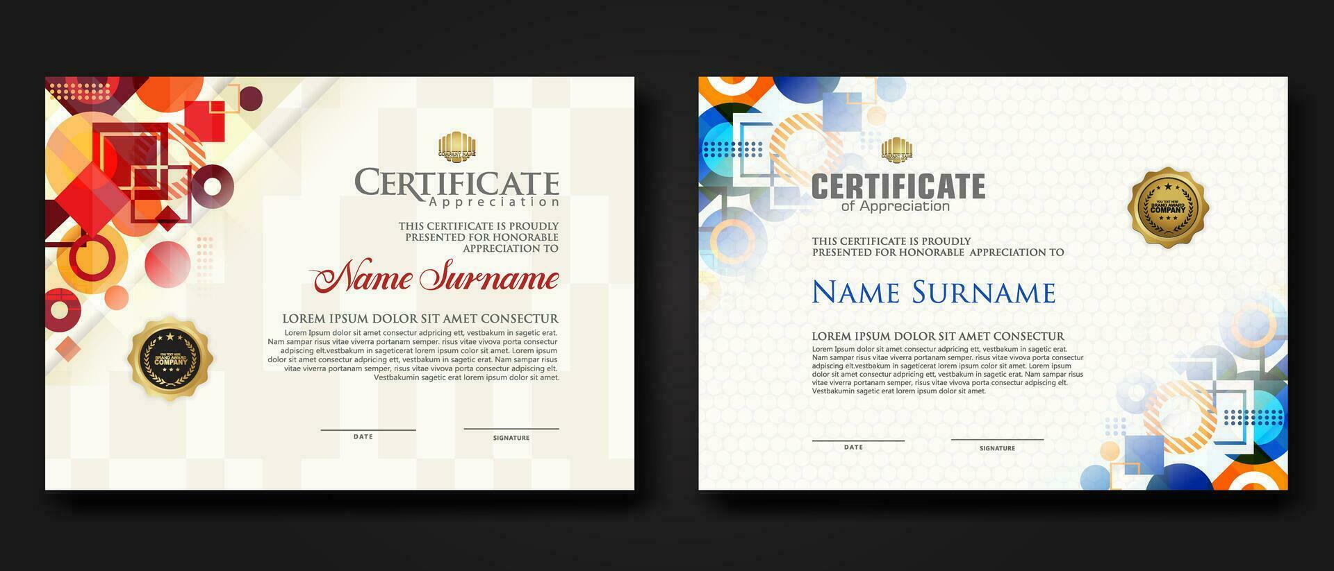 modern certificaat sjabloon met dynamisch kleur Aan meetkundig vorm ornament vector