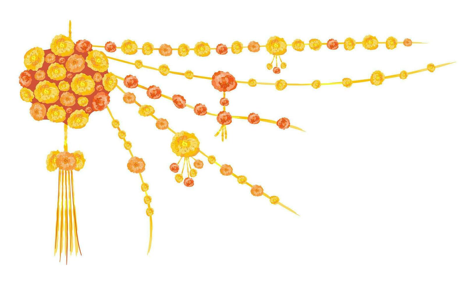 goudsbloem slinger kleurrijk vlak illustratie. groot bloem bal van goudsbloemen. Indisch traditioneel hangende decor voor diwali, festivals, bruiloften. geïsoleerd Aan wit achtergrond. vector