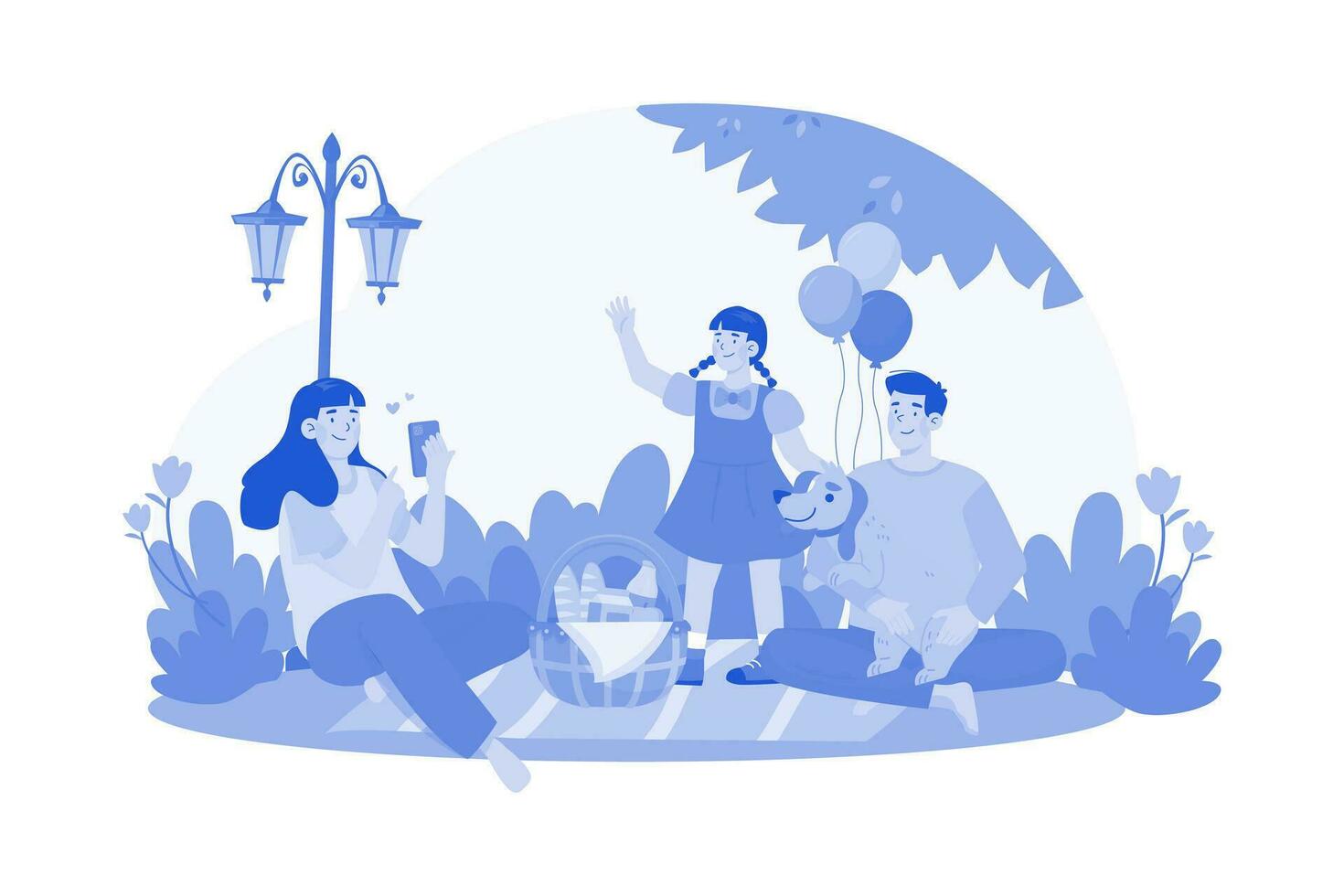 een familie geniet een ochtend- picknick in de park. vector