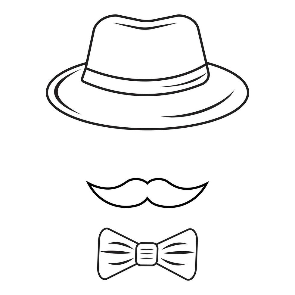 silhouet van een Mens in een hoed met een snor en bril, met een binden, vector illustratie in de stijl van een tekening, contour