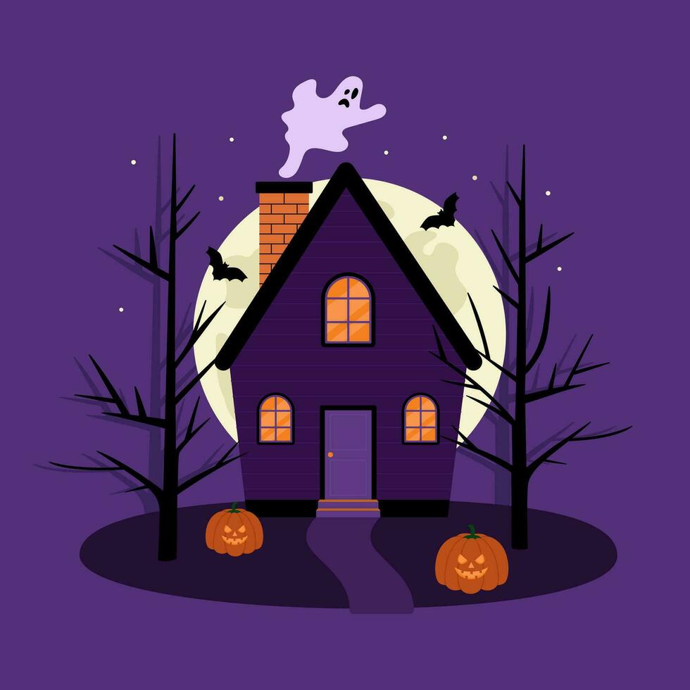 halloween achtervolgd huis. spookachtig landschap met paars huis, bomen, pompoenen, vleermuizen, geest en groot maan. vector vlak illustratie Aan Purper achtergrond