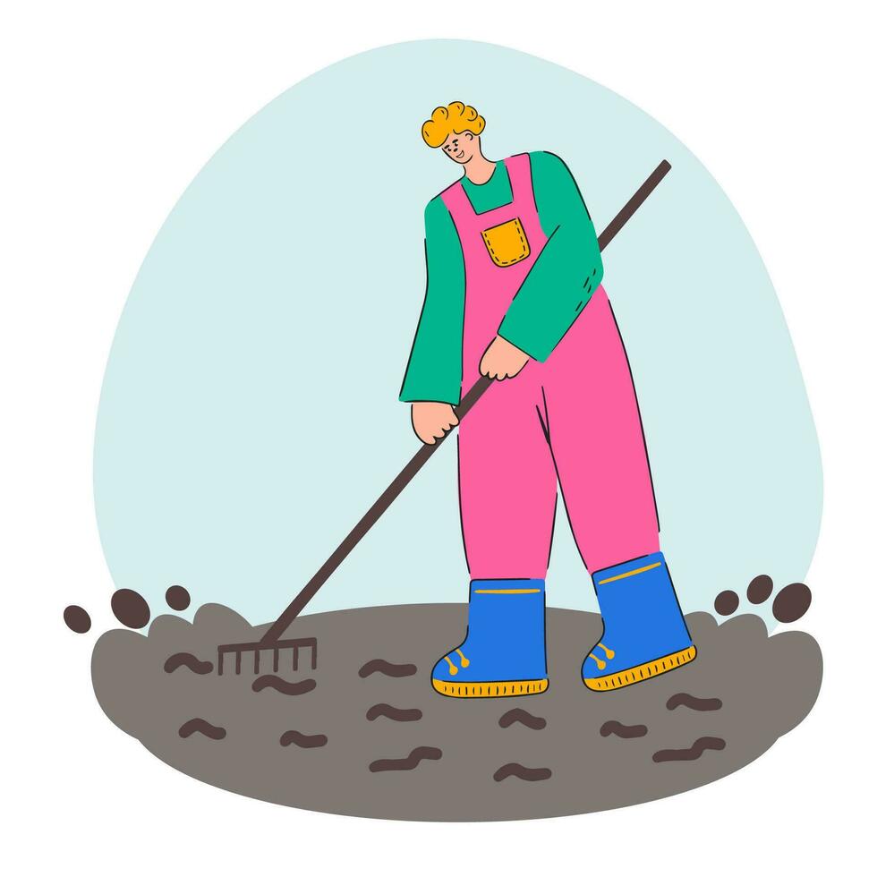 een Mens werken de grond met een hark. agrarisch herfst werk. oogsten. vlak illustratie vector