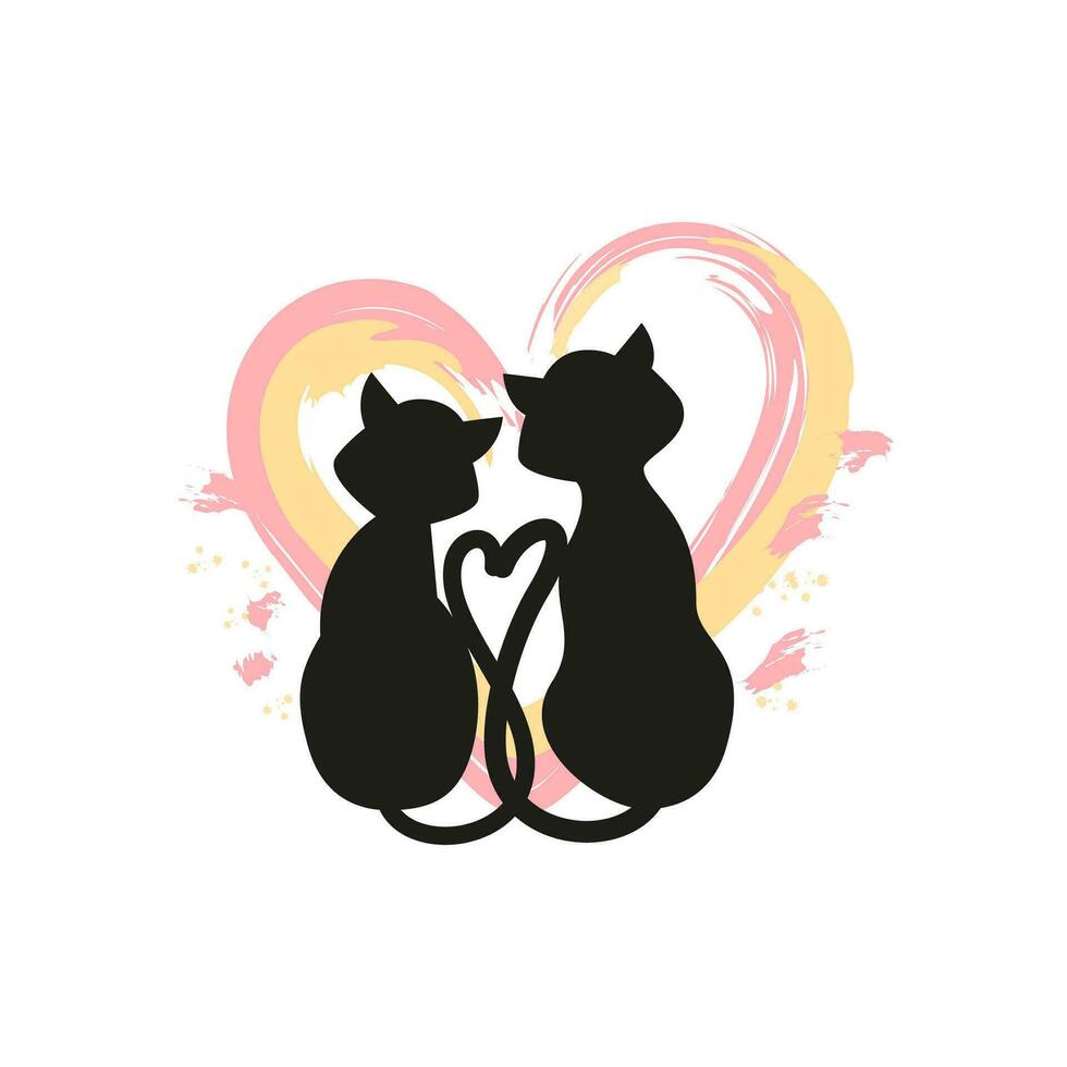 twee zwart katten zijn zitten, hun staarten zijn in de vorm van een hart. romantiek, liefde. hart achtergrond met beroertes van verf. vector illustratie.