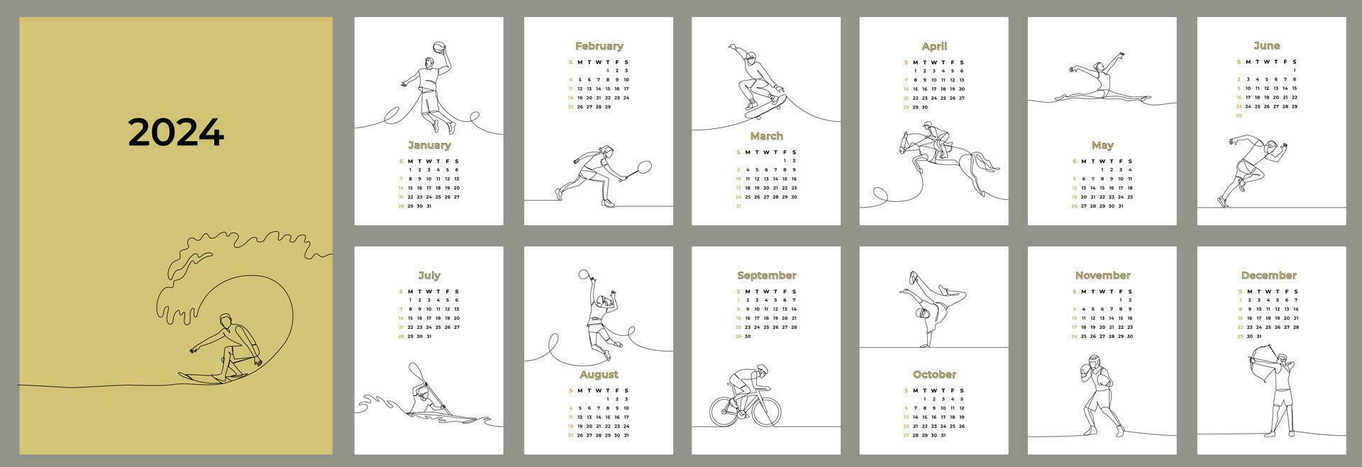 2024 verticaal kalender ontwerp sjabloon. sport, types van sport. de week begint Aan zondag. 12 maand ontwerper sjabloon. vector schets illustratie