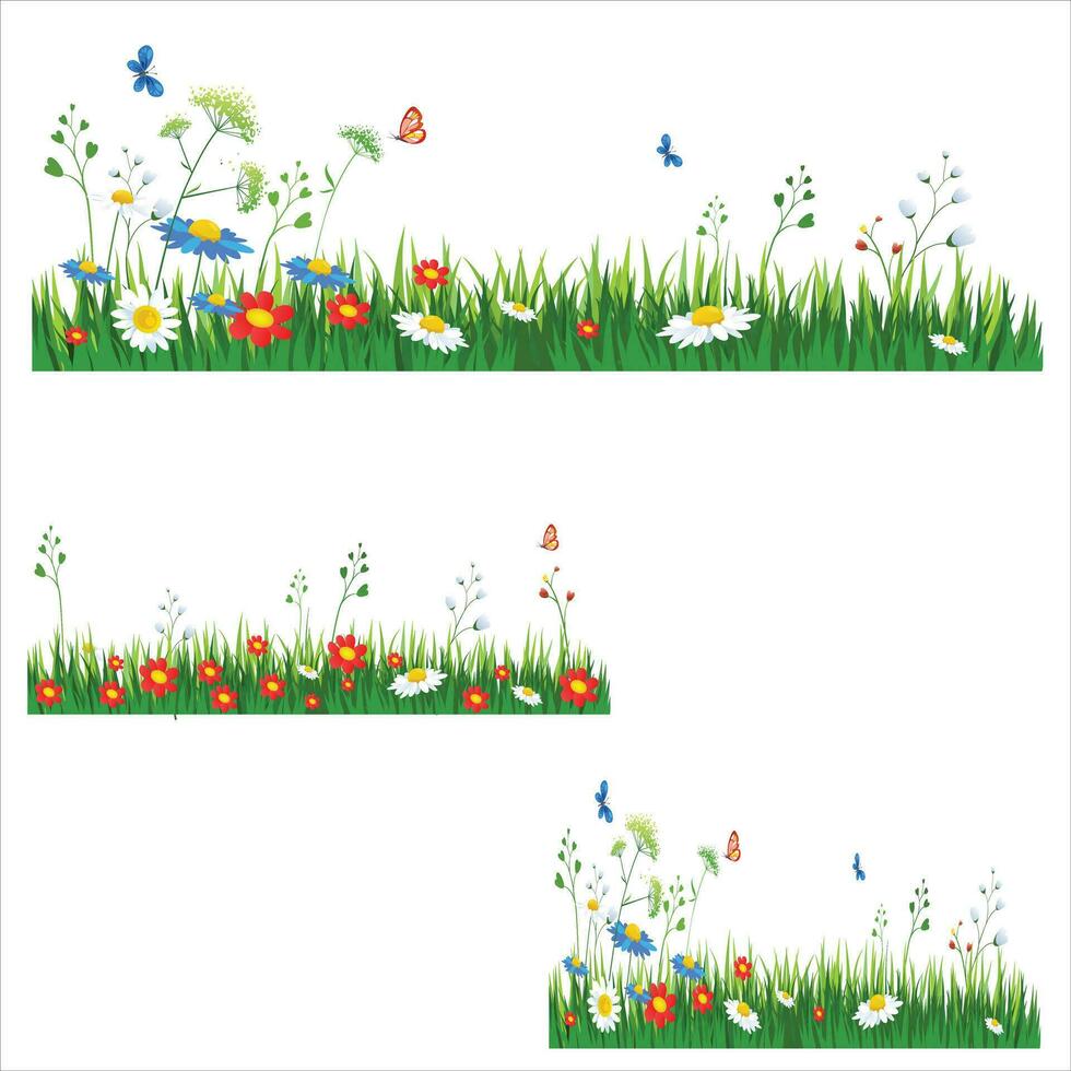 horizontaal wit banier of bloemen achtergrond versierd met mooi veelkleurig bloeiend bloemen en blad borders net zo goed net zo vlinders. voorjaar botanisch vlak Aan wit achtergrond vector