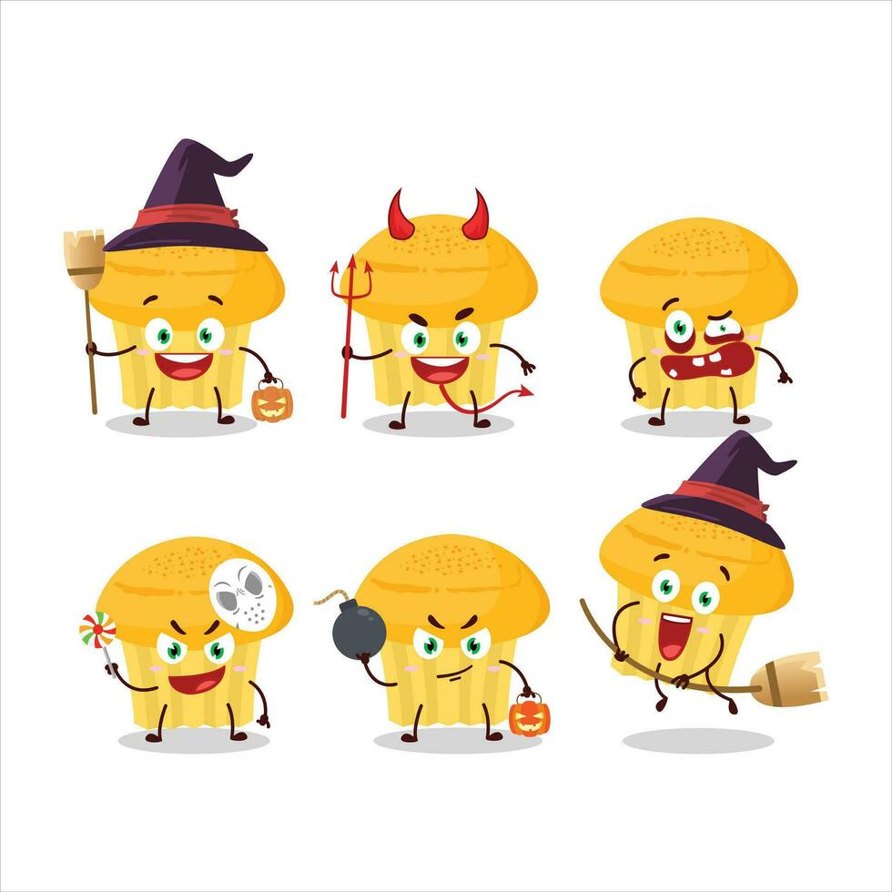 halloween uitdrukking emoticons met tekenfilm karakter van kaas muffin vector
