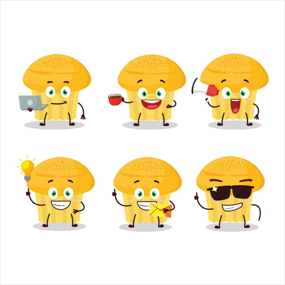 kaas muffin tekenfilm karakter met divers types van bedrijf emoticons vector