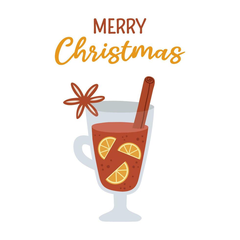 overwogen wijn in Iers glas. winter heet drinken met belettering vrolijk kerstmis. tekenfilm vector illustratie