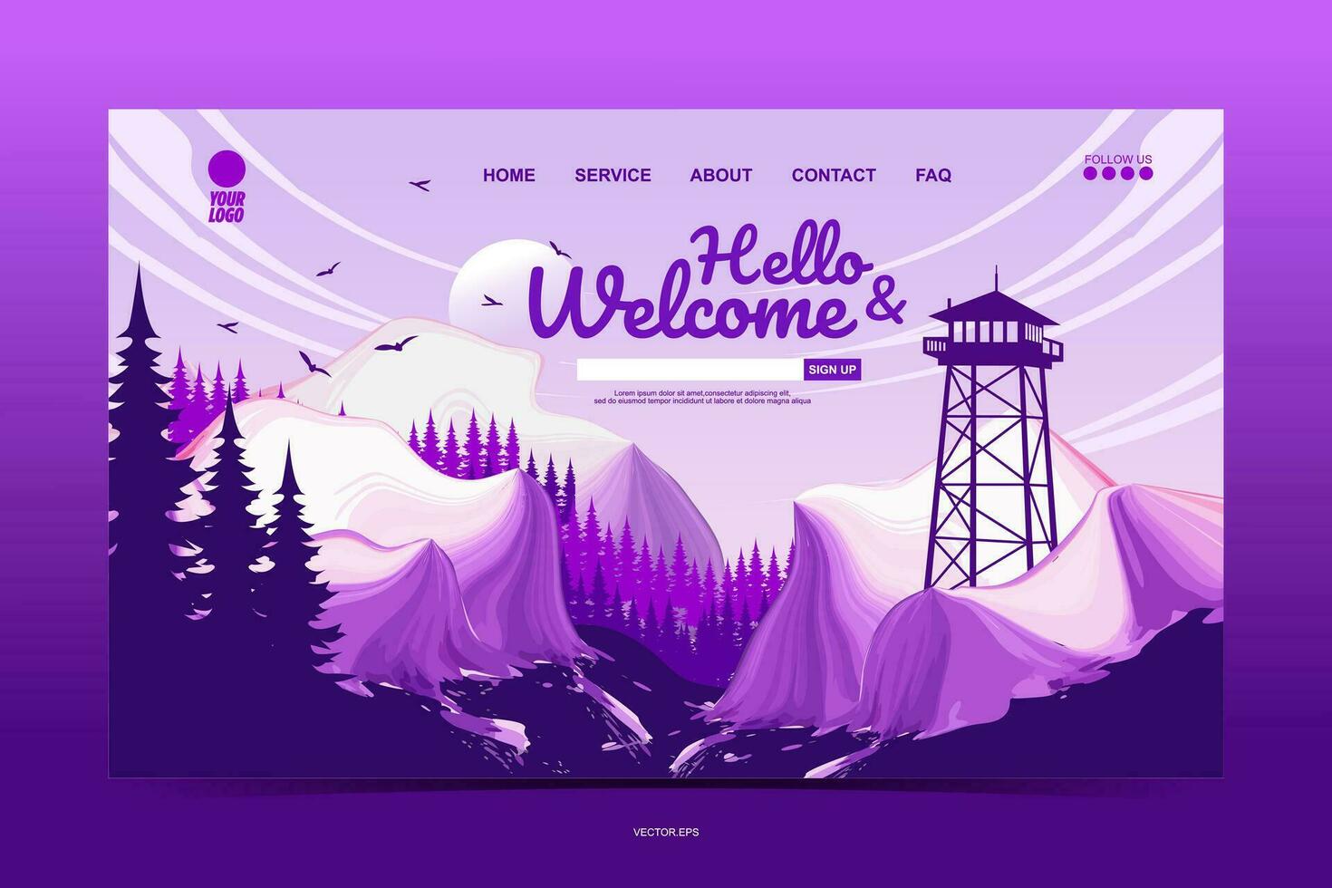 een Purper website ontwerp met een berg en een toren vector