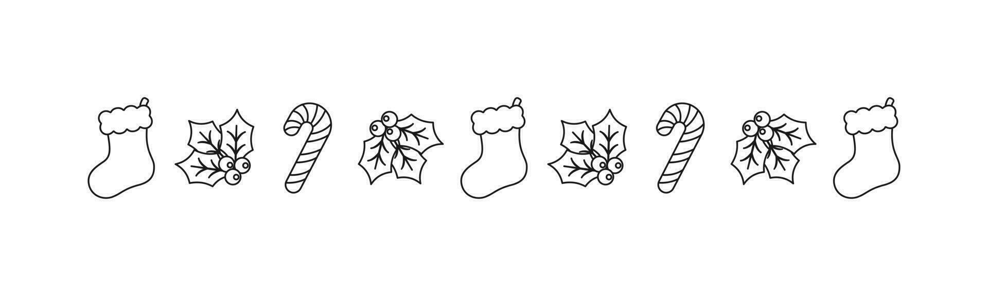 Kerstmis themed decoratief grens en tekst verdeler, Kerstmis kous, snoep riet en maretak patroon tekening. vector illustratie.