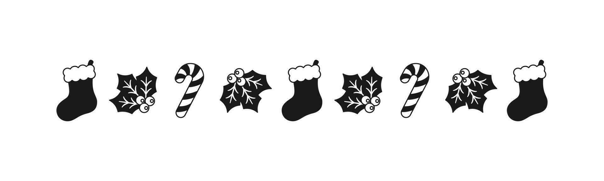 Kerstmis themed decoratief grens en tekst verdeler, Kerstmis kous, snoep riet en maretak patroon silhouet. vector illustratie.