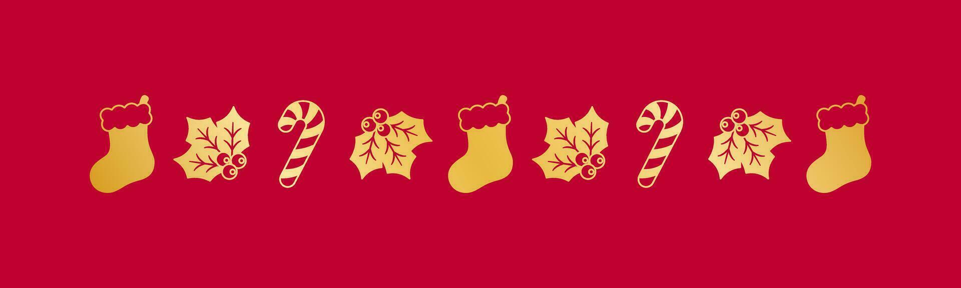 goud Kerstmis themed decoratief grens en tekst verdeler, Kerstmis kous, snoep riet en maretak patroon silhouet. vector illustratie.