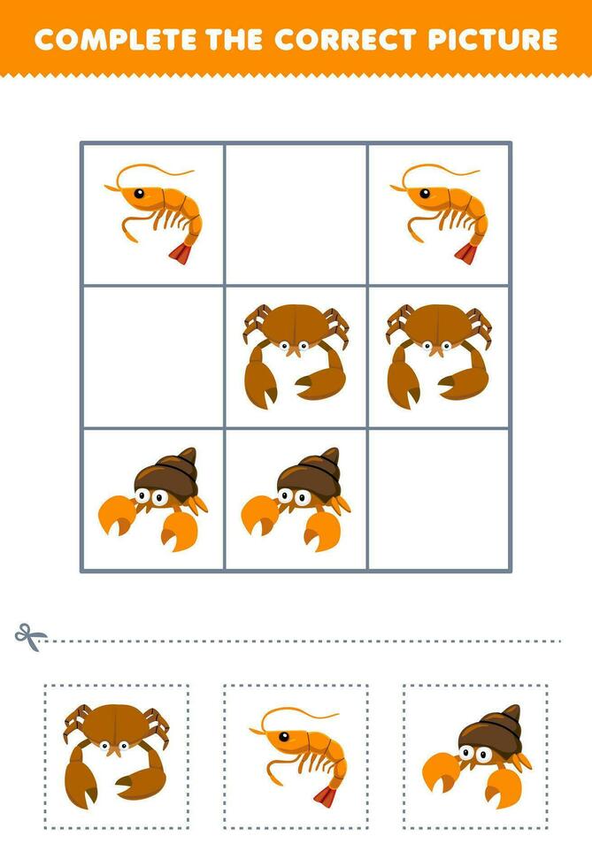 onderwijs spel voor kinderen compleet de correct afbeelding van een schattig tekenfilm krab garnaal en kluizenaar krab afdrukbare onderwater- werkblad vector