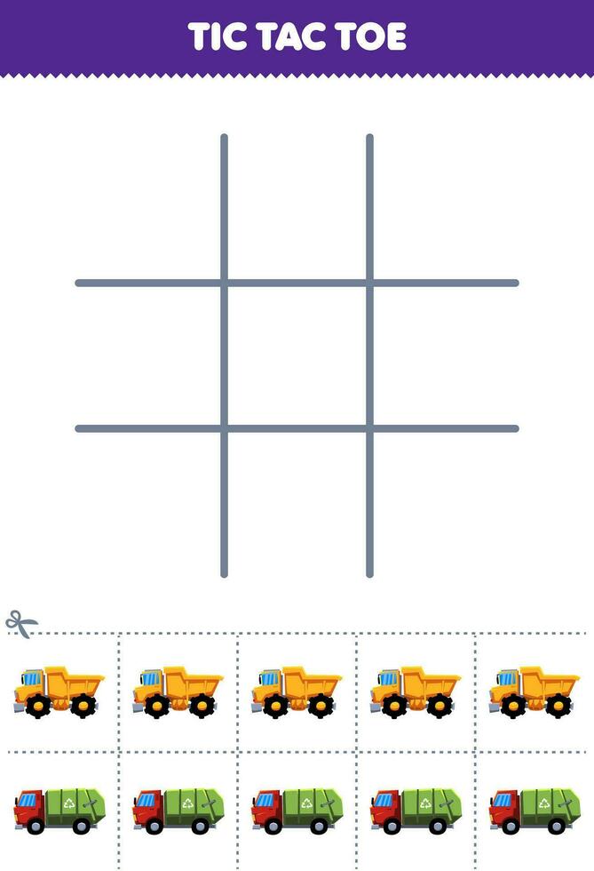 onderwijs spel voor kinderen tic tac teen reeks met schattig tekenfilm dump vrachtauto en vuilnis vrachtauto afbeelding afdrukbare vervoer werkblad vector