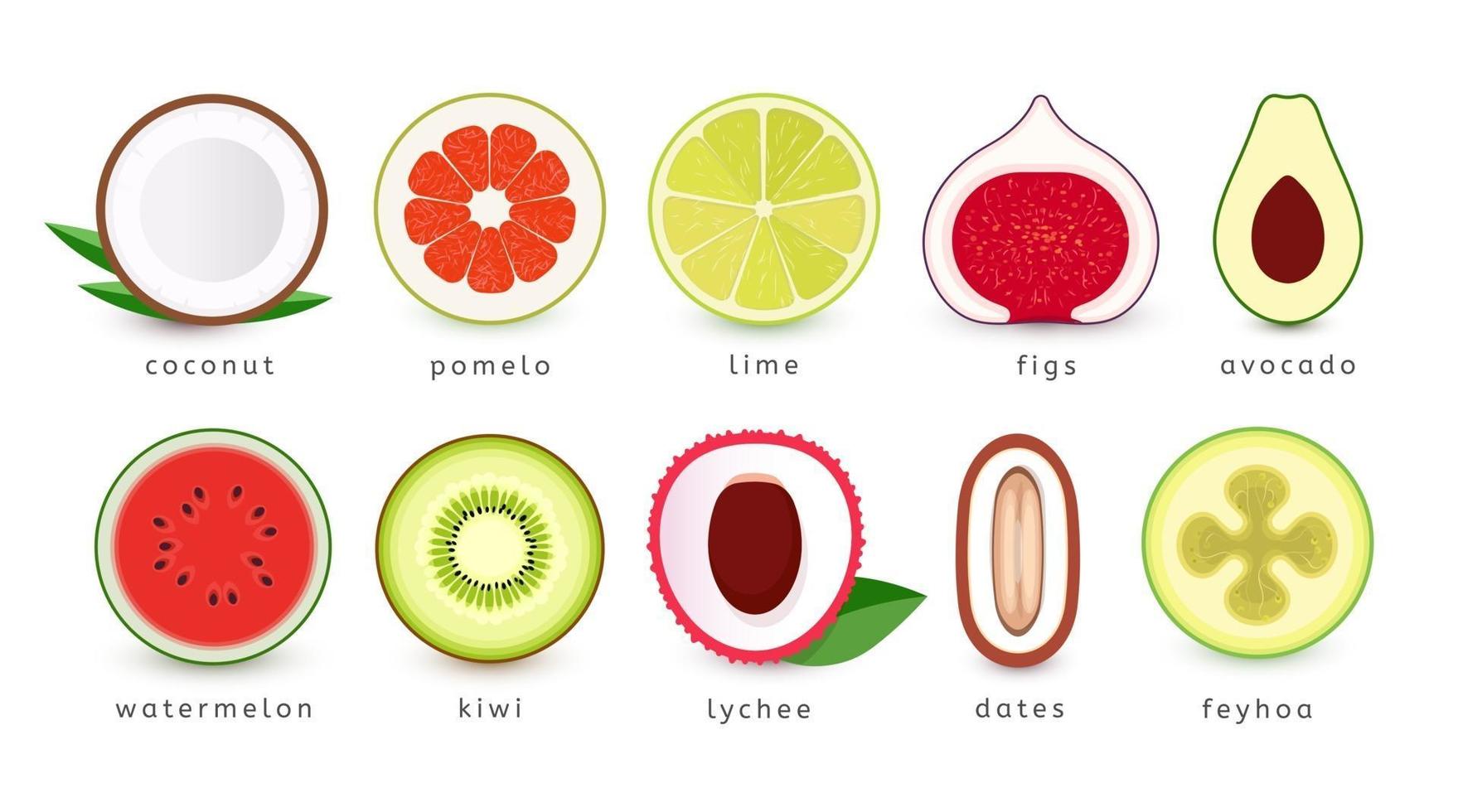 set van fruit, groente en bessen close-up pictogrammen. exotisch tropisch eten vector