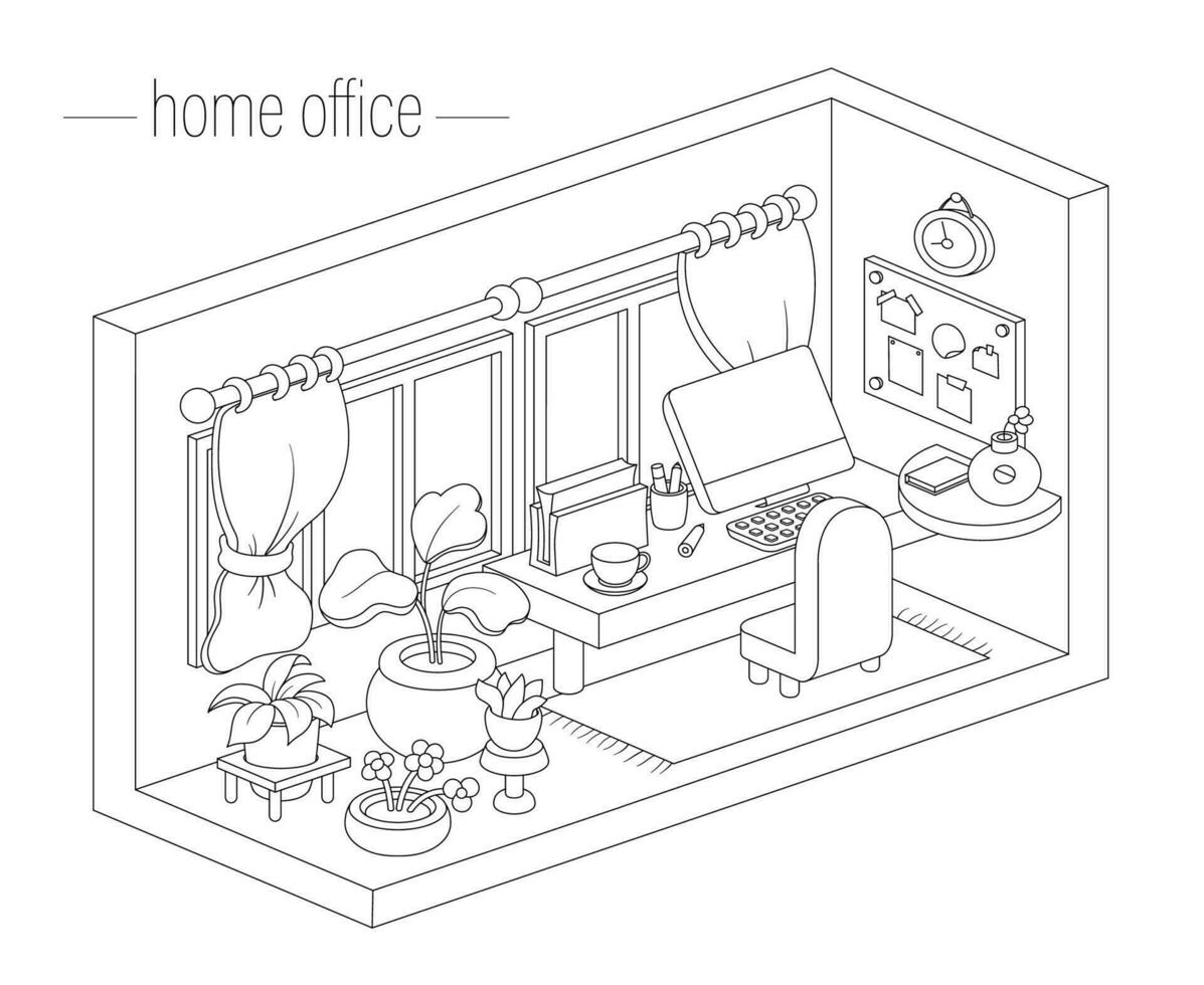 vector isometrische 3d huis kantoor interieur. schattig lijn huis werken ruimte illustratie met computer, bureau, stoel, planten. zwart en wit tekenfilm kamer tekening. schattig gebouw kleur bladzijde