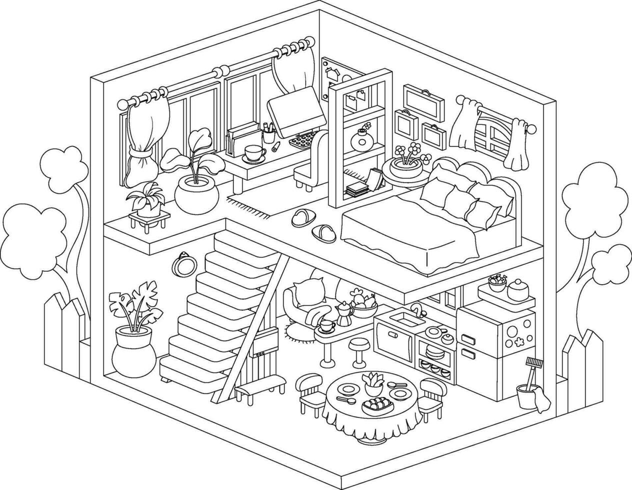 vector isometrische 3d huis interieur. schattig lijn huis illustratie met kantoor, slaapkamer, leven kamer, keuken. zwart en wit tekenfilm kamers tekening. schattig gebouw kleur bladzijde