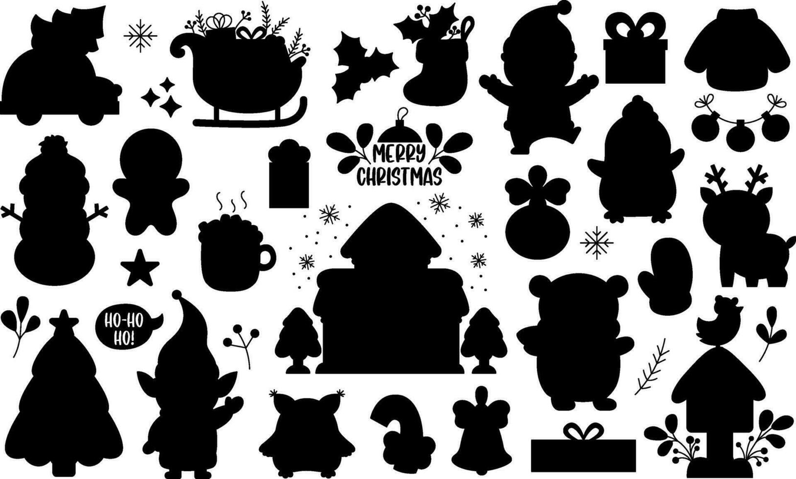 vector Kerstmis silhouet set. traditioneel nieuw jaar partij zwart en wit clip art. schaduw verzameling met de kerstman claus, Spar boom, hert, Cadeau, elf, huis. winter vakantie kawaii schattig ontwerp