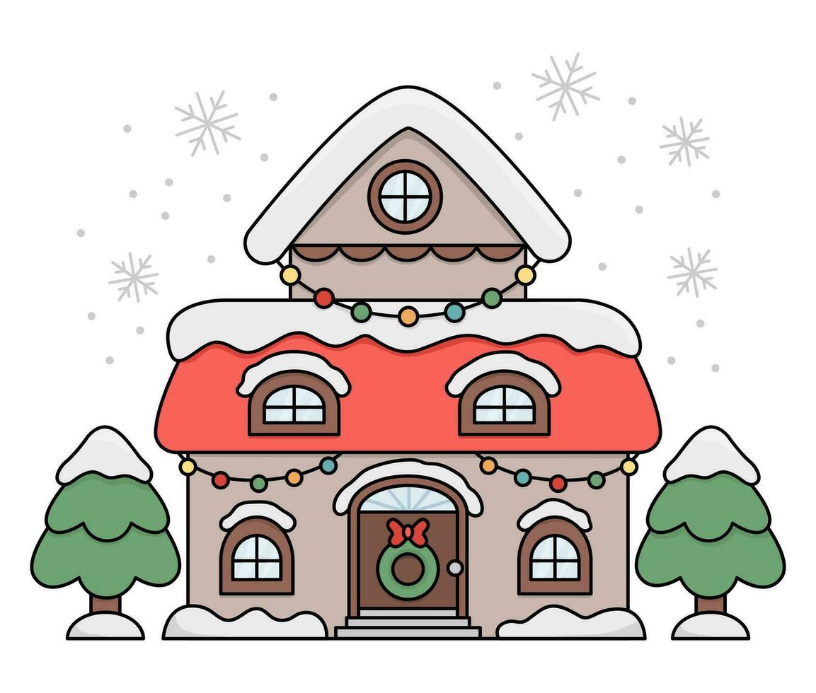 vector gekleurde tekenfilm versierd huis met sneeuw, slingers, sneeuwvlokken. schattig Kerstmis huis illustratie geïsoleerd Aan wit achtergrond. nieuw jaar of winter tekenfilm vakantie icoon