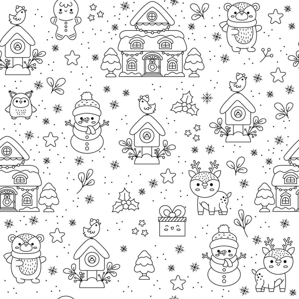 vector zwart en wit naadloos patroon met kawaii huis, sneeuwman, vogel. schattig lijn herhaling achtergrond met knus huisje. kerstmis, winter, nieuw jaar vakantie kleur bladzijde