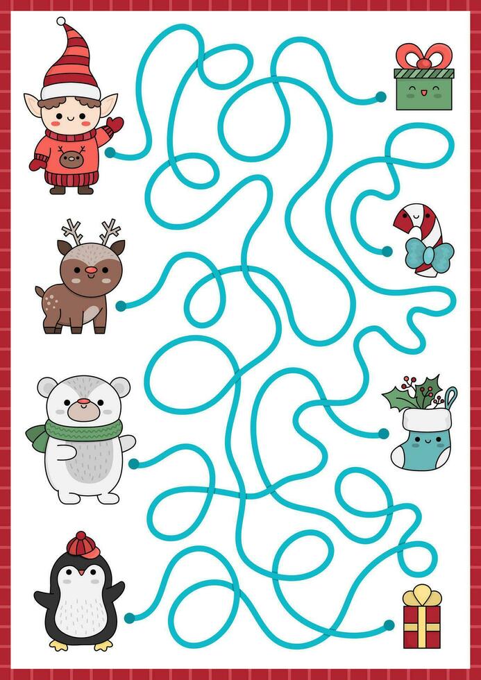 Kerstmis doolhof voor kinderen. winter vakantie peuter- afdrukbare werkzaamheid met schattig kawaii elf, beer, hert, pinguïn en presenteert. nieuw jaar labyrint spel of puzzel met schattig tekens vector