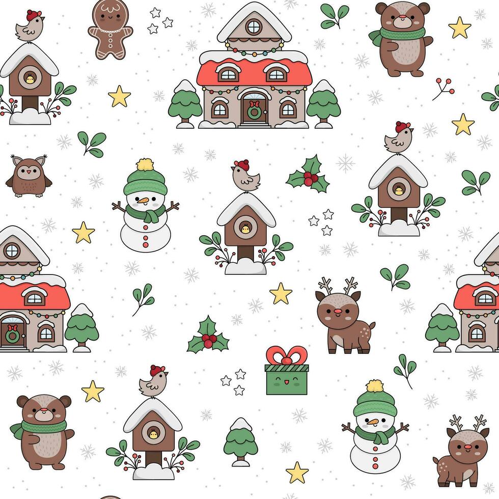 vector naadloos patroon met kawaii huis, sneeuwman, vogel. schattig herhaling achtergrond met sneeuwvlokken en knus versierd huisje. kerstmis, winter, nieuw jaar vakantie digitaal papier