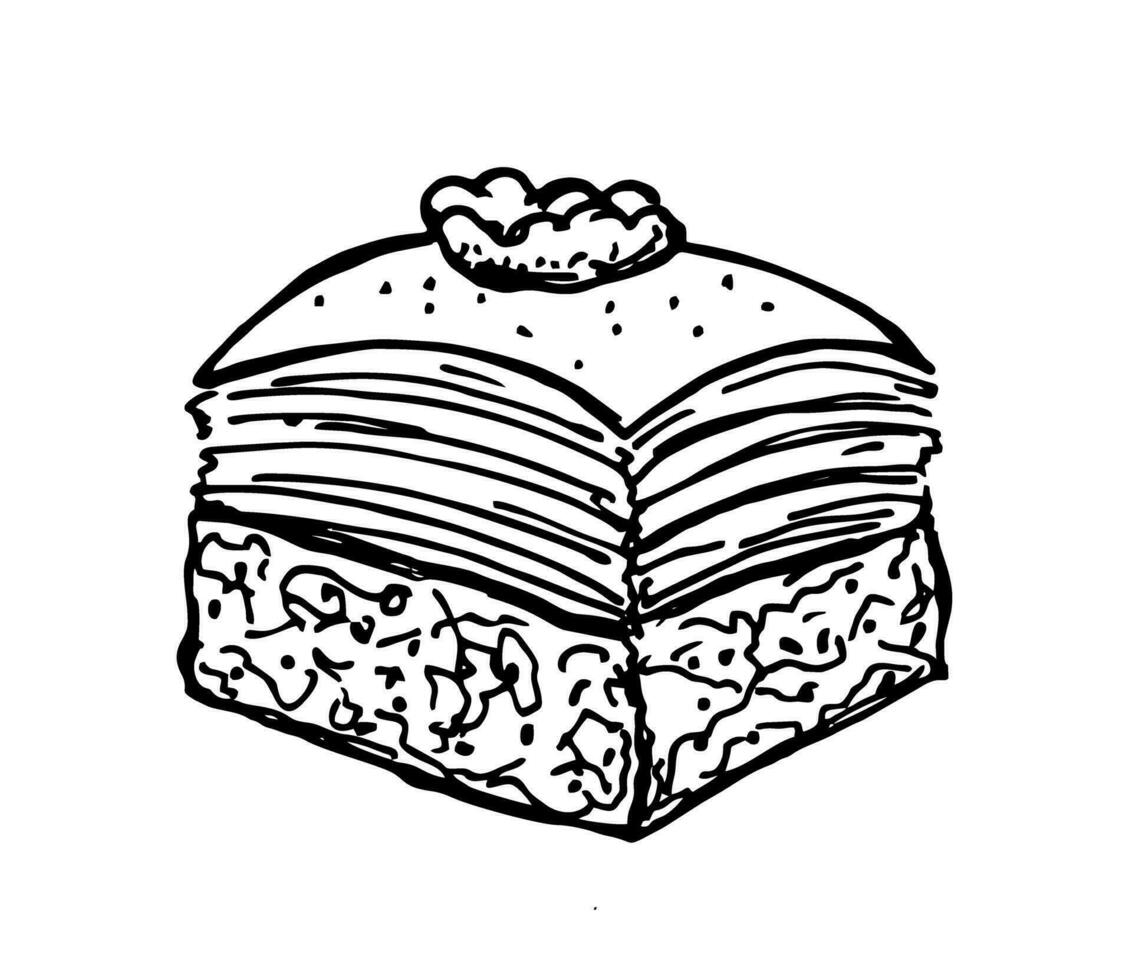 hand- getrokken baklava vector illustratie. Turks desserts pistache baklava. schetsen traditioneel midden- oostelijk, Turks nagerecht. kaart, poster, folder ontwerp.