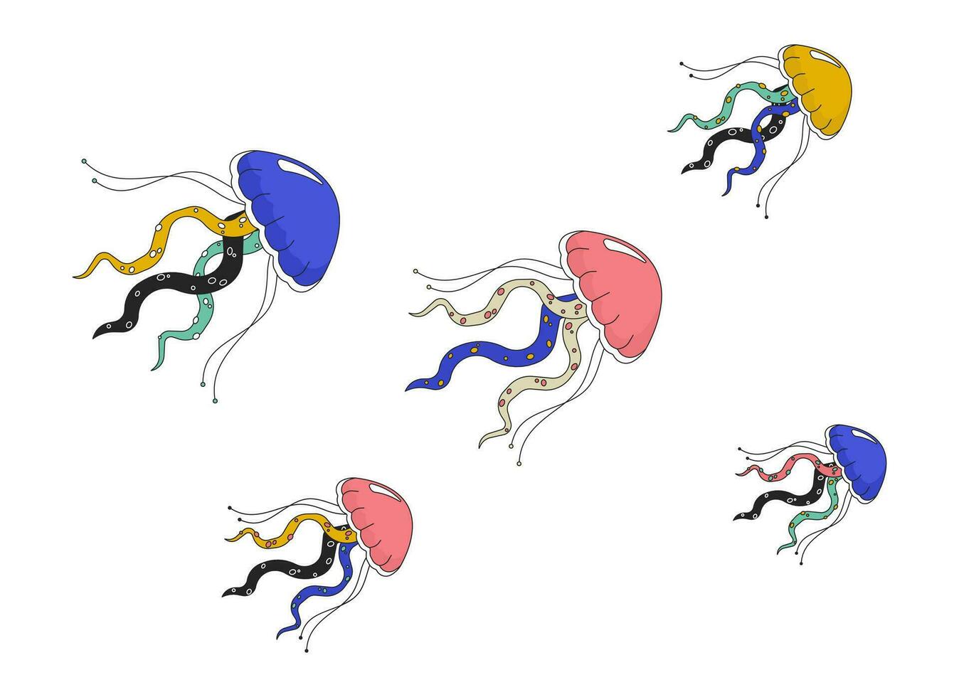 zwerm kwal zwemmen samen 2d lineair tekenfilm voorwerp. groep van gelei kwal drijvend geïsoleerd lijn vector element wit achtergrond. zee schepsels onderwater- kleur vlak plek illustratie