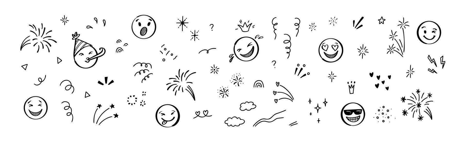 reeks van schetsen verjaardag viering elementen. schattig lijn tekening emoji, vuurwerk, vonken, regenboog, sterren, confetti. squiggle tekeningen. vector illustratie