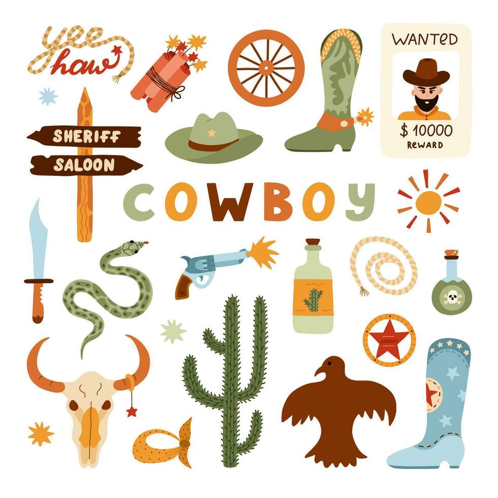 groot wild west en cowboy reeks in modieus vlak stijl. hand- getrokken gemakkelijk vector illustratie met western laarzen, hoed, slang, cactus, stier schedel, sheriff insigne ster. cowboy thema met symbolen van Texas