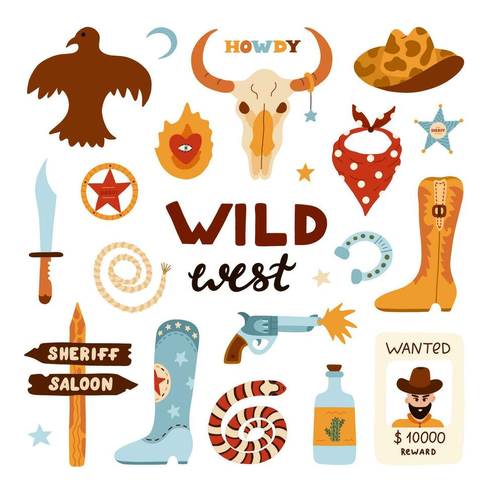 groot wild west en cowboy reeks in modieus vlak stijl. hand- getrokken gemakkelijk vector illustratie met western laarzen, hoed, slang, cactus, stier schedel, sheriff insigne ster. cowboy thema met symbolen van Texas