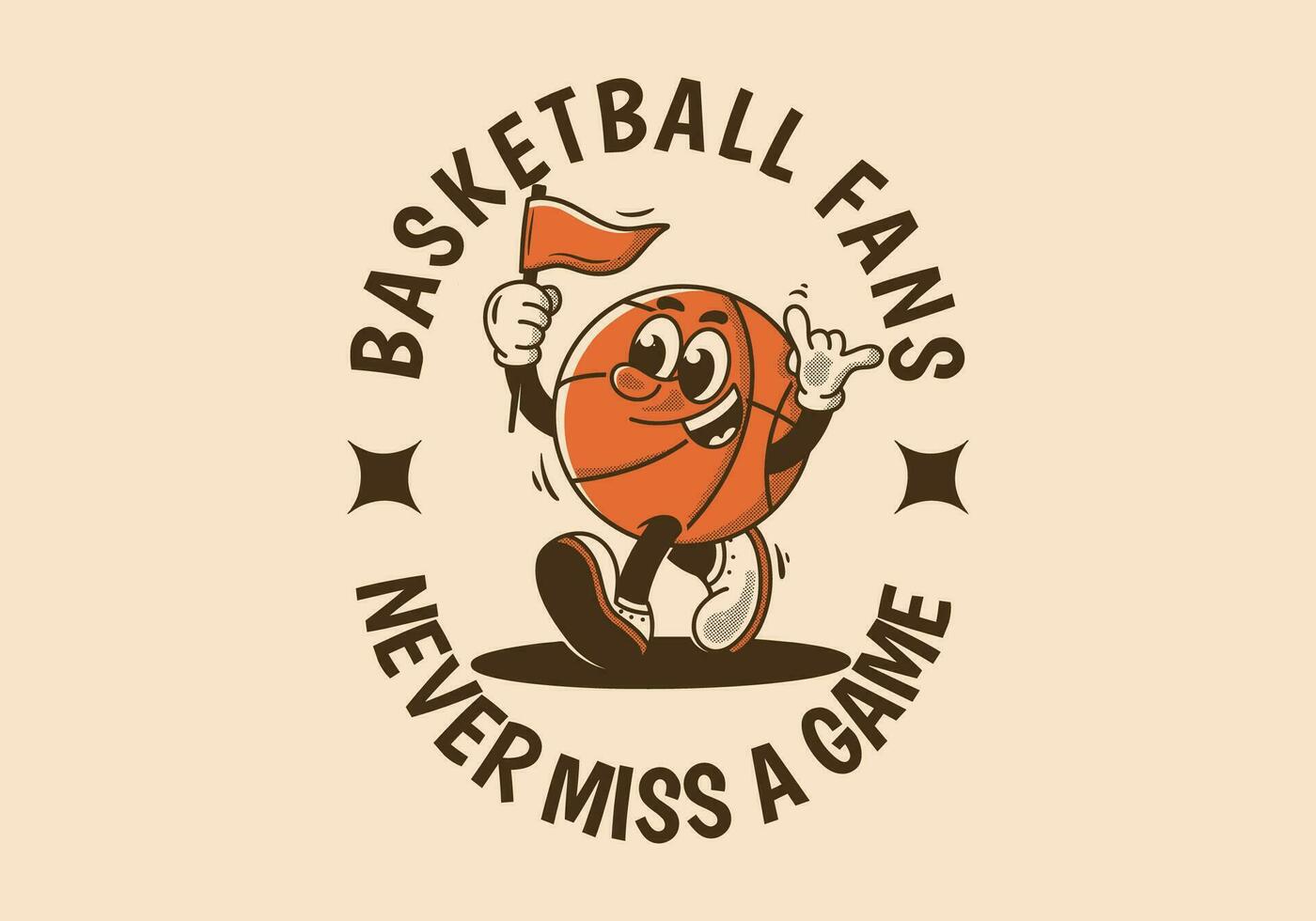 basketbal fans, nooit mevrouw een spel. mascotte karakter illustratie van basketbal bal Holding een driehoek vlag vector