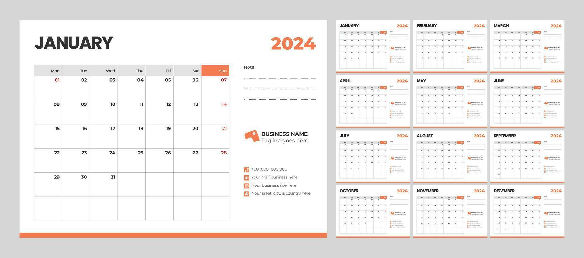 bureau kalender sjabloon voor 2024 jaar voor bedrijf in een minimalistische stijl vector