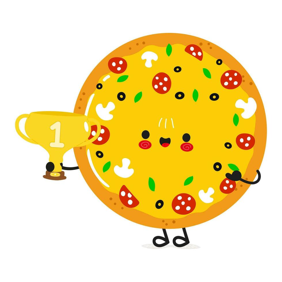 schattig grappig pizza houden goud trofee beker. vector hand- getrokken tekenfilm kawaii karakter illustratie icoon. geïsoleerd Aan wit achtergrond. pizza met winnaar trofee kop